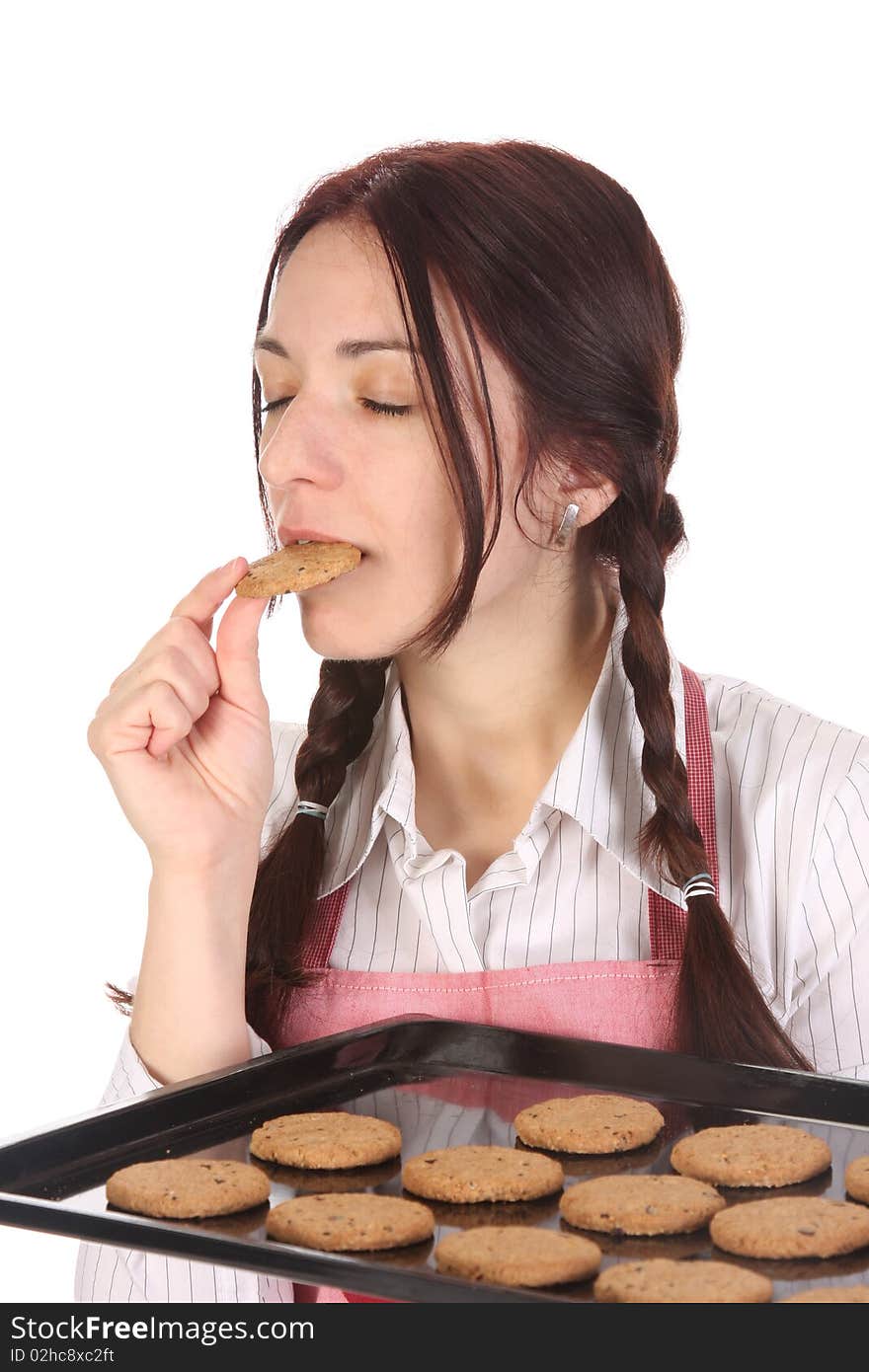 Housewife eating a slice of chocolate cake