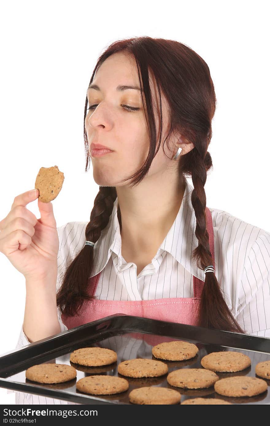 Housewife Eating A Slice Of Chocolate Cake