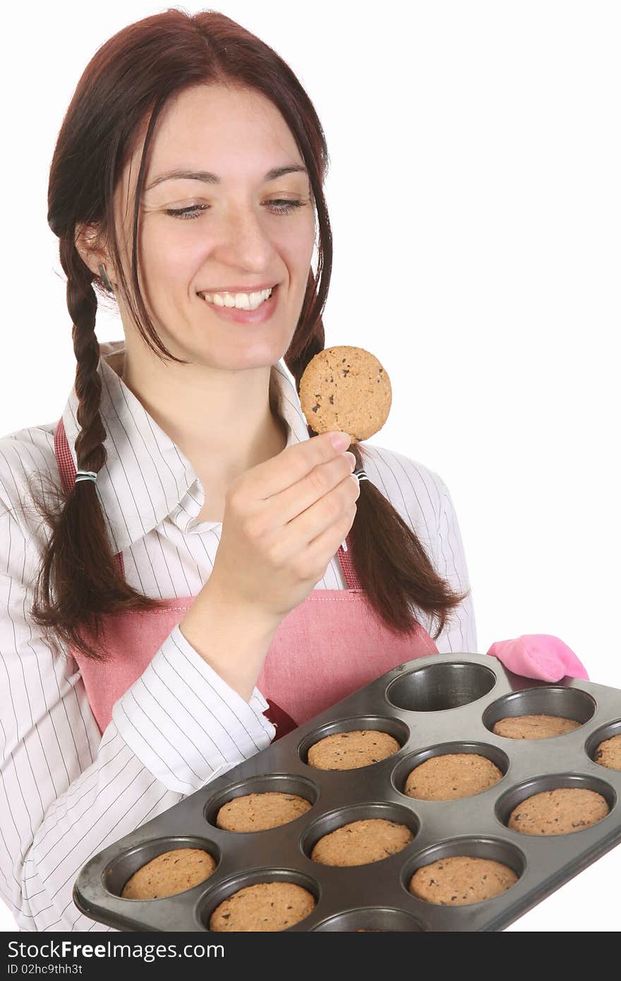 Housewife Eating A Slice Of Chocolate Cake