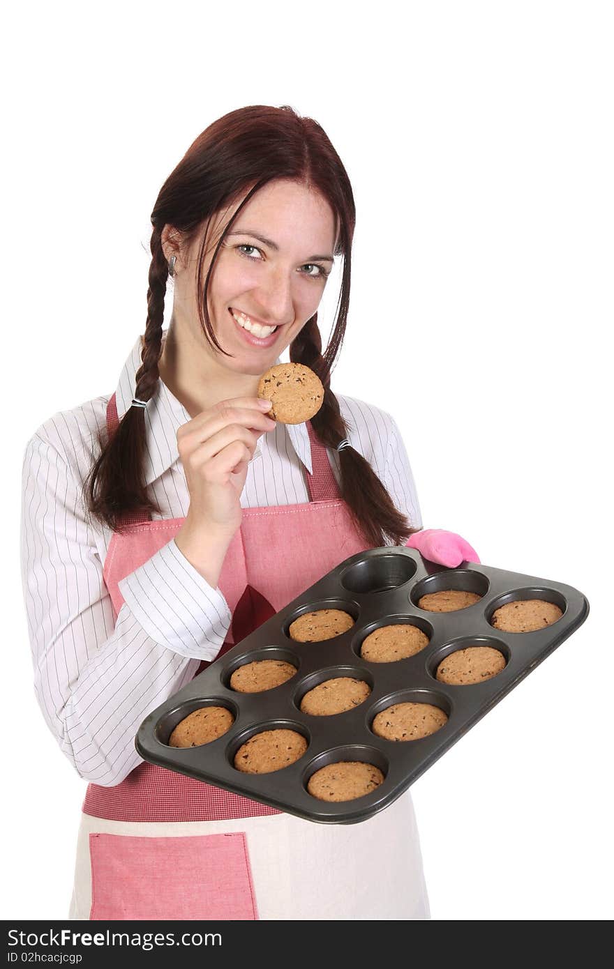 Housewife eating a slice of chocolate cake