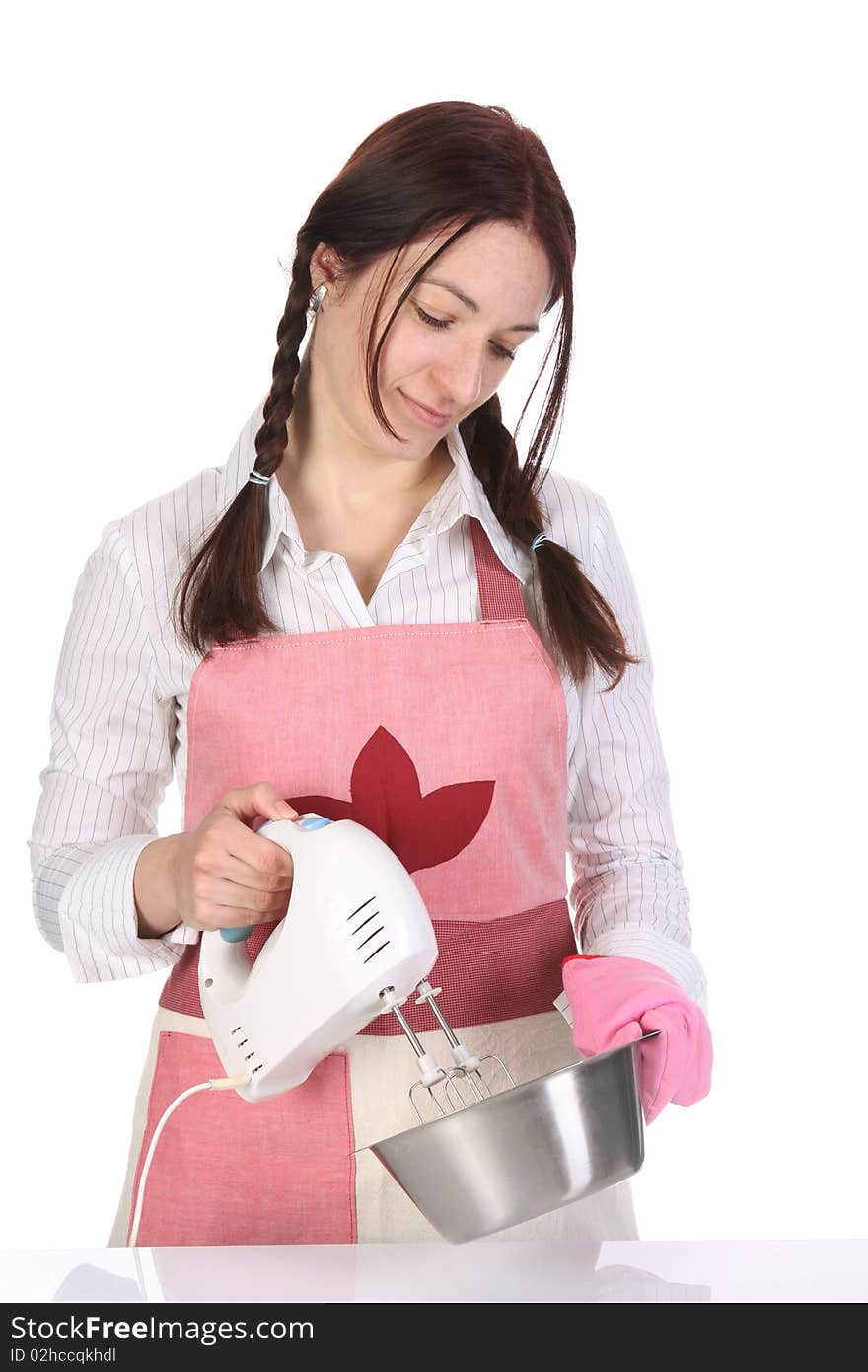 Beautiful housewife preparing with kitchen mixer on white  background