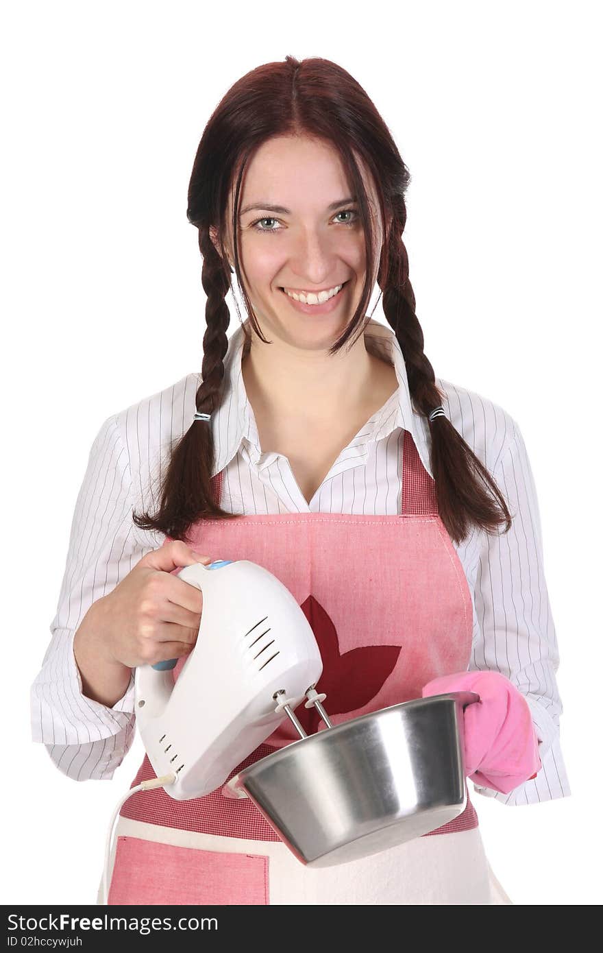 Beautiful housewife preparing with kitchen mixer on white background