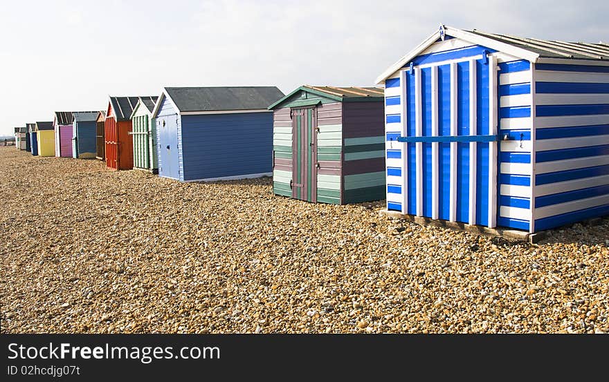 Brightly coloured Beah huts in Hayling Island in Hampshire. Brightly coloured Beah huts in Hayling Island in Hampshire