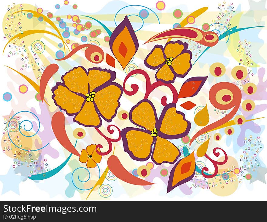 Flowers composition with floral and sun background, bright and colorful spring illustration. Flowers composition with floral and sun background, bright and colorful spring illustration.