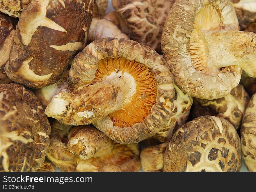 Dried Shitake mushrooms as cooking ingredients, especially used in Asian cuisine such as Chinese and Japanese. For concepts such as food and beverage, healthy eating, and diet and nutrition.