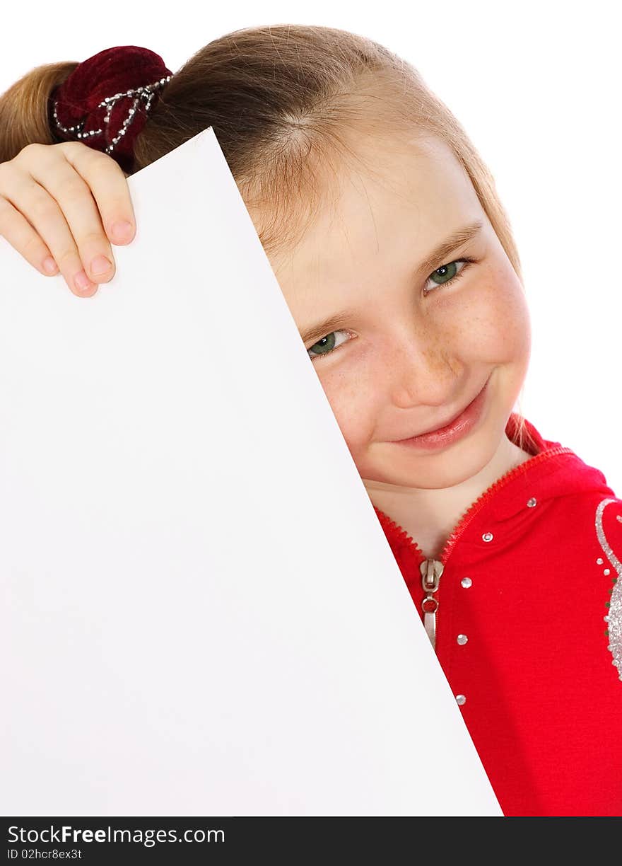 Girl with card isolated on the white