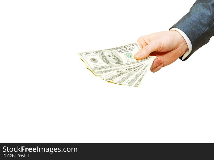 Hand with money isolated on white background