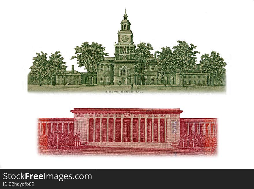 Building of the National People's Congress and Independence Hall isolated on a white background. Building of the National People's Congress and Independence Hall isolated on a white background