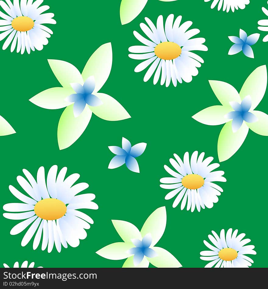 Flowery seamless pattern with chamomiles on green background