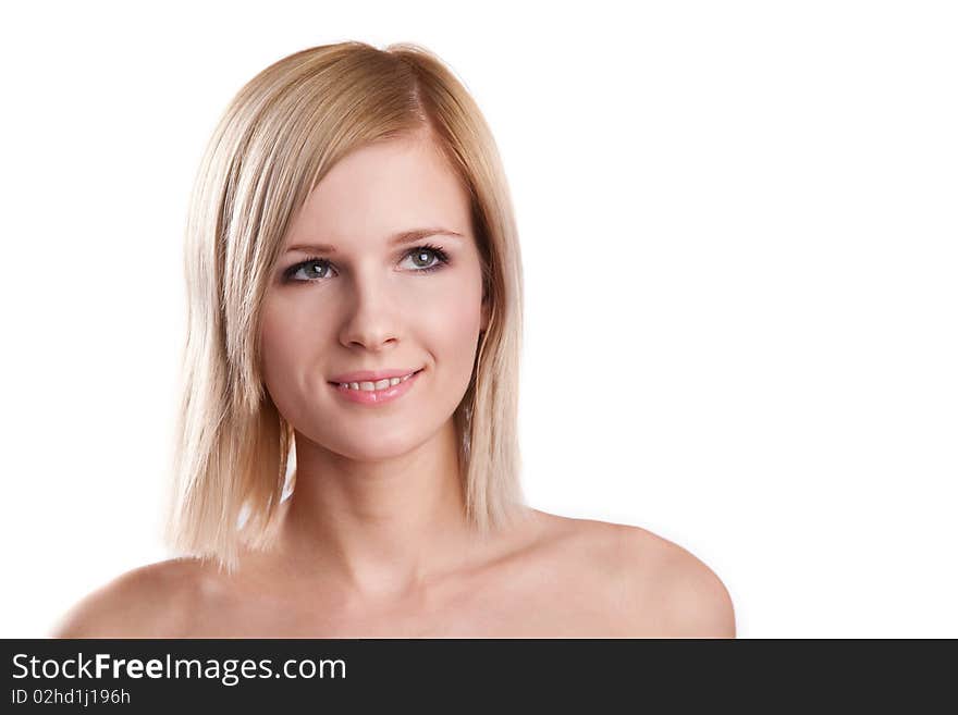 Smiling blonde girl over white background