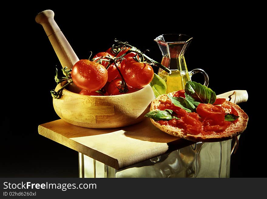 Composition of tomatoes, olive oil and pizza. Composition of tomatoes, olive oil and pizza