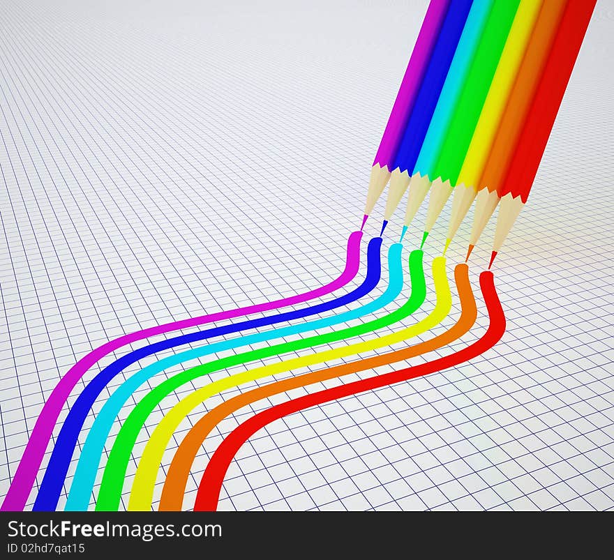 Seven colour pencils draw colour lines