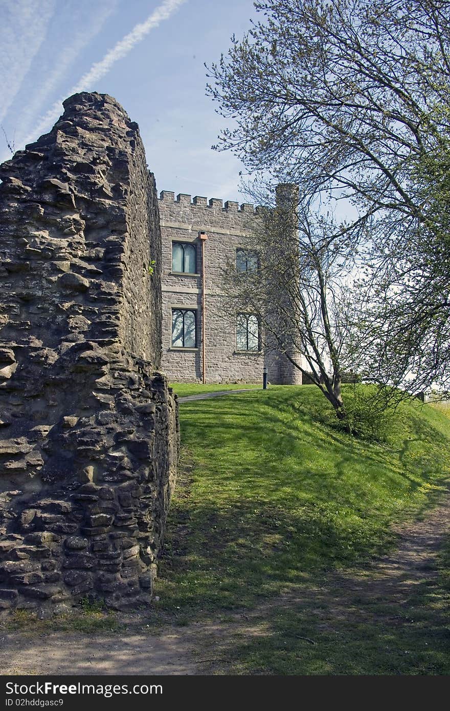 The ruins of the old Castle with the new in the background in Abergavenny Monmouthshire South Wales. The ruins of the old Castle with the new in the background in Abergavenny Monmouthshire South Wales