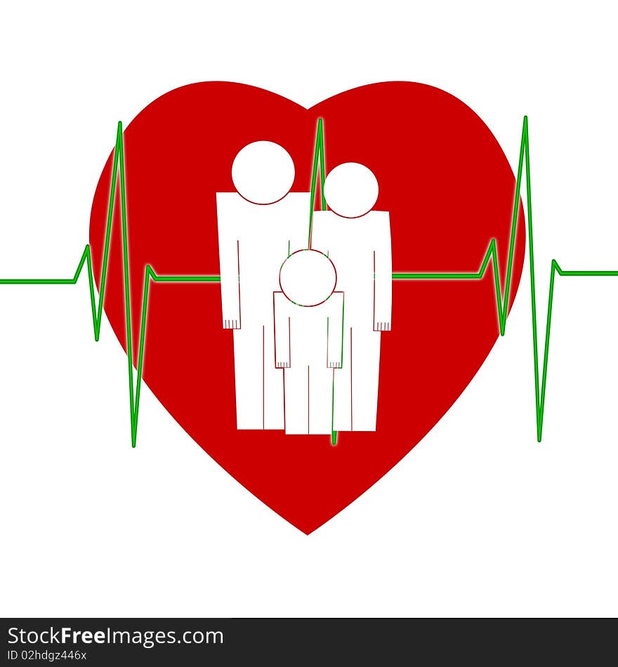 Family sign in front of big red heart and cardiogram on white background