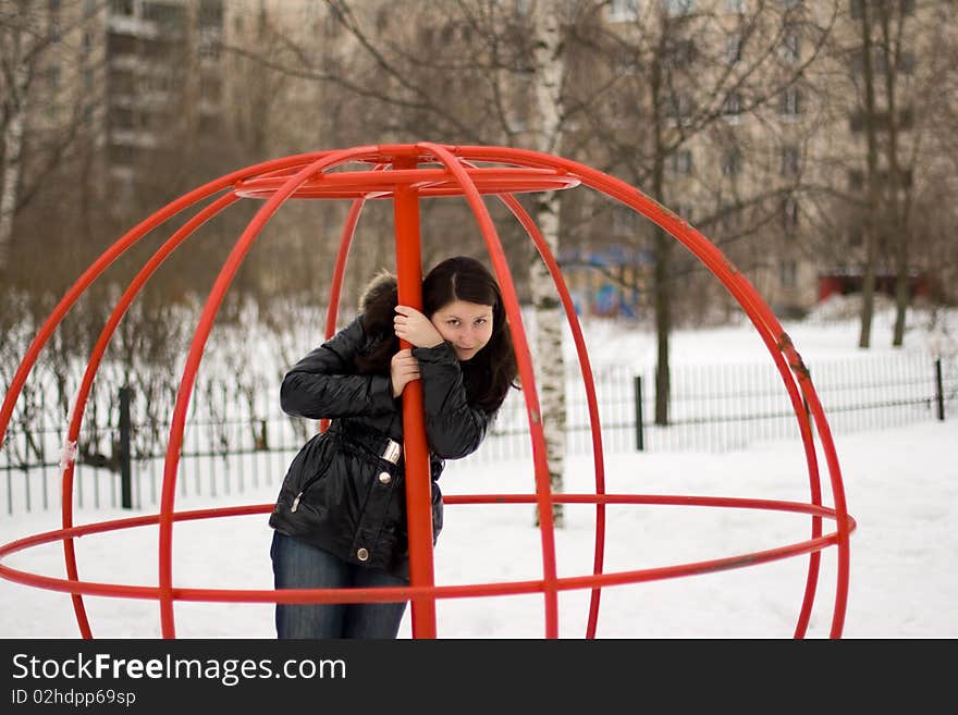 Beautiful cute girl on ladder in playground. Outdoor park. Beautiful cute girl on ladder in playground. Outdoor park.