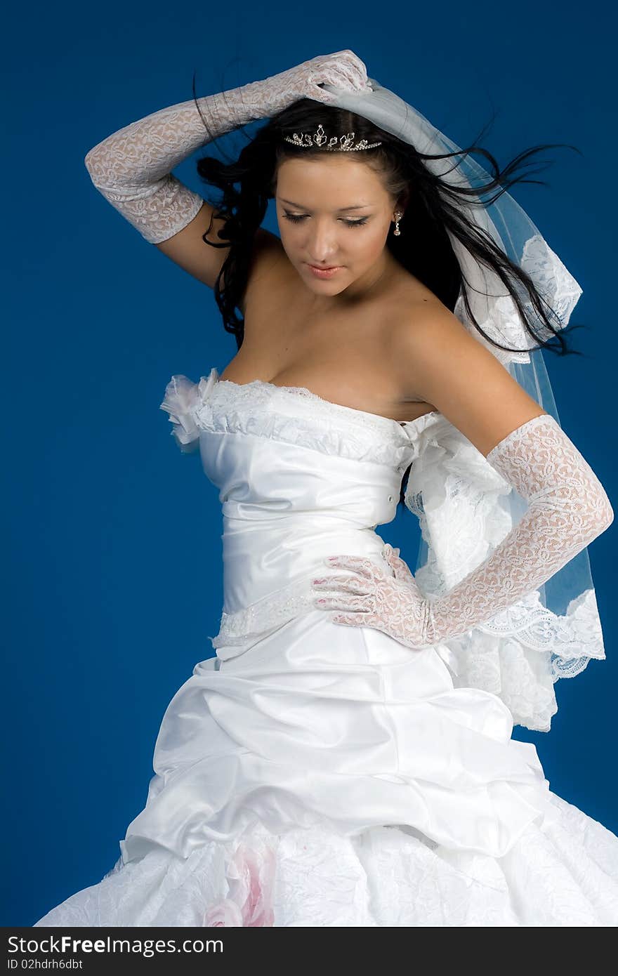 Portrait of beautiful happy bride in a wedding dress on blue background studio shot. Portrait of beautiful happy bride in a wedding dress on blue background studio shot