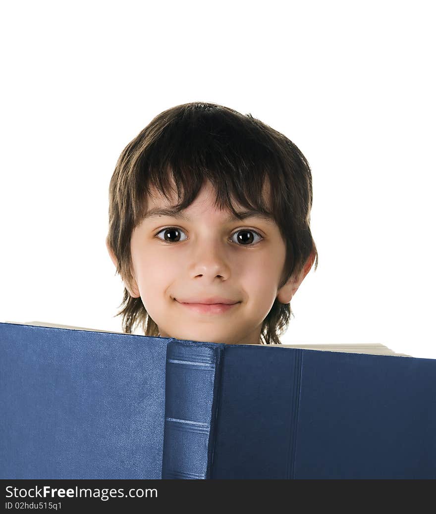 Cute little boy with a big book on white background. Cute little boy with a big book on white background