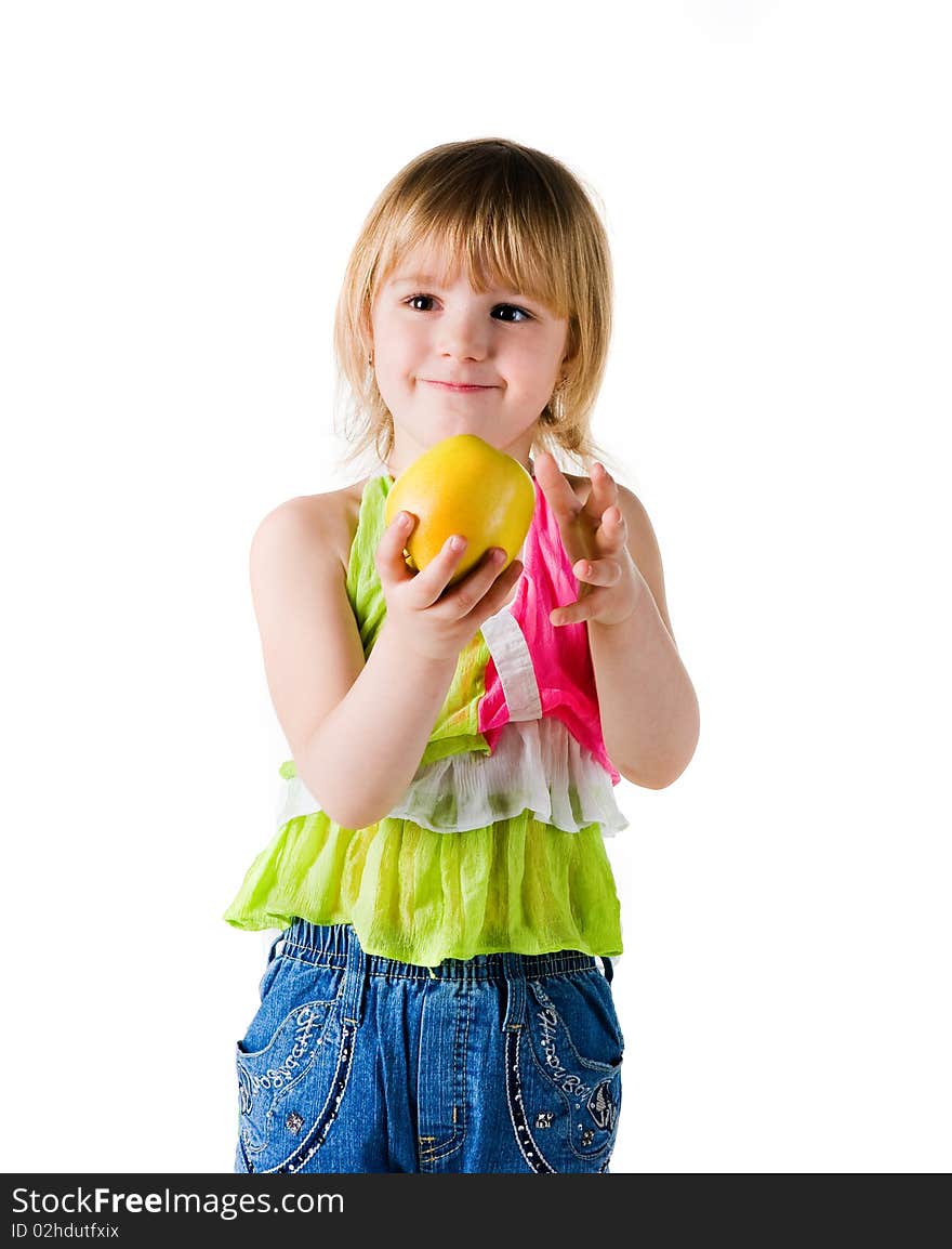 Little girl with apple isolated on white background