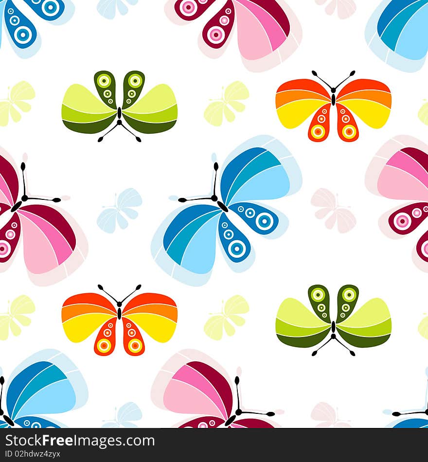 Seamless white pattern with butterflies