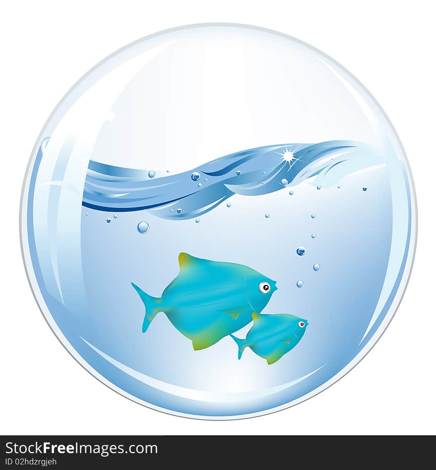 Balls With Blue Fishes In Water. Vector