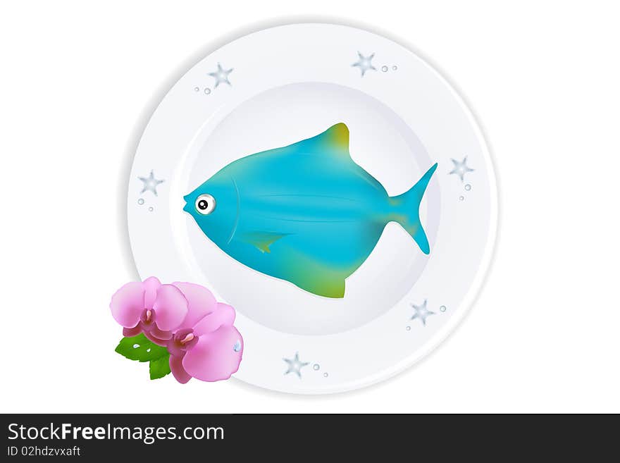 White Plate With Blue Fish, Silver stars and Pearls, Flowers and leaves, Isolated On White. White Plate With Blue Fish, Silver stars and Pearls, Flowers and leaves, Isolated On White