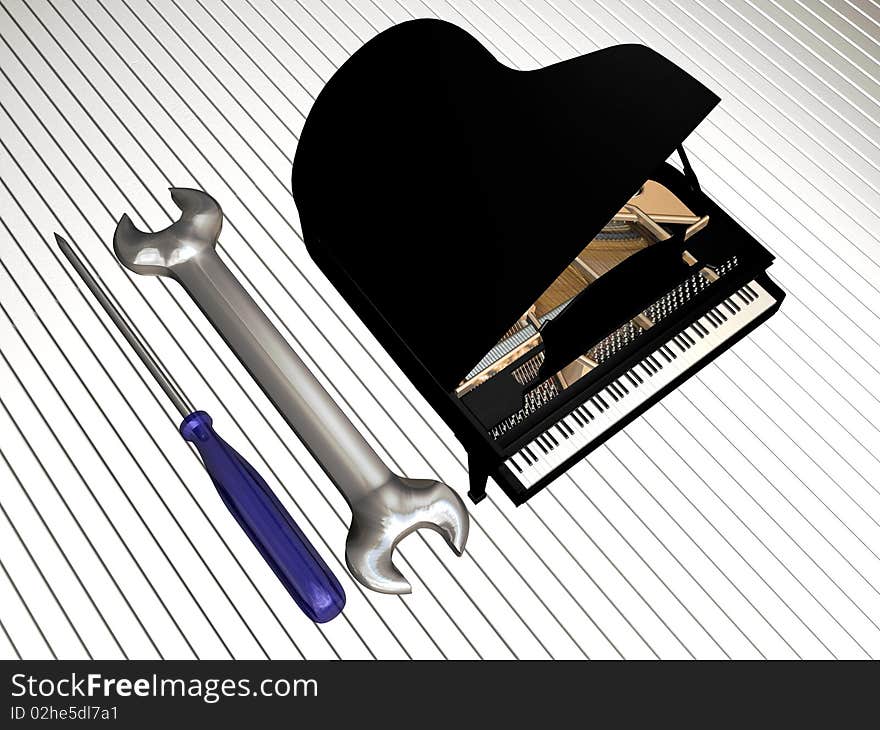 A piano, a screwdriver and a plug spanner as a representation card for a pianos repairer. A piano, a screwdriver and a plug spanner as a representation card for a pianos repairer.