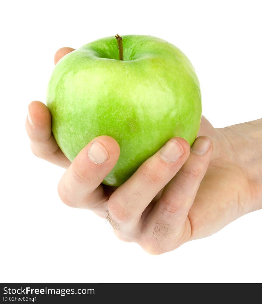 Hand with apple isolated on white background