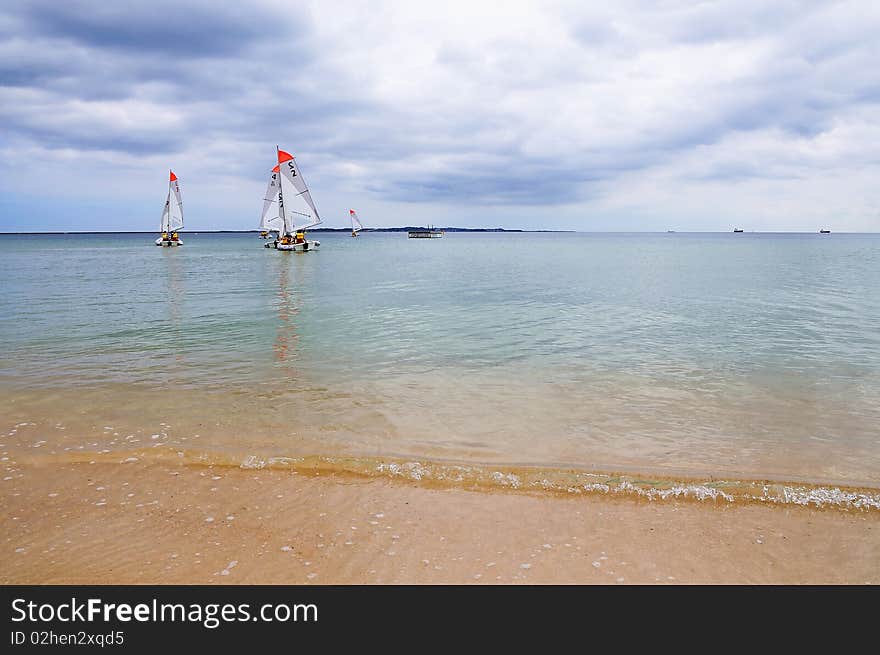 Several boats with sails