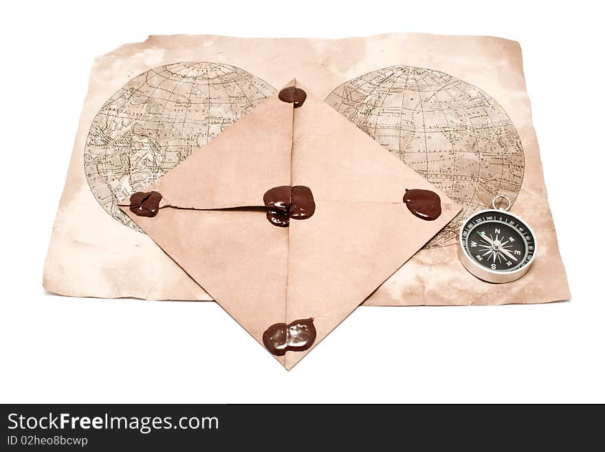 Envelope, map and compass on white background for your illustrations