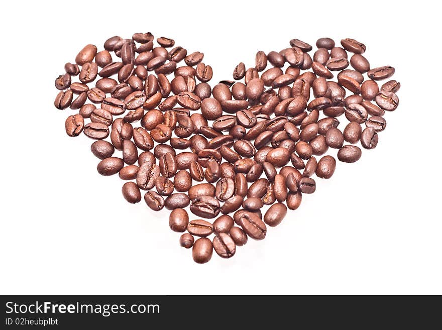 Coffee beans heart on white background