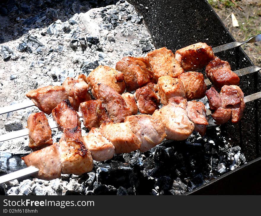 Appetizing shish kebab prepared on wood coal