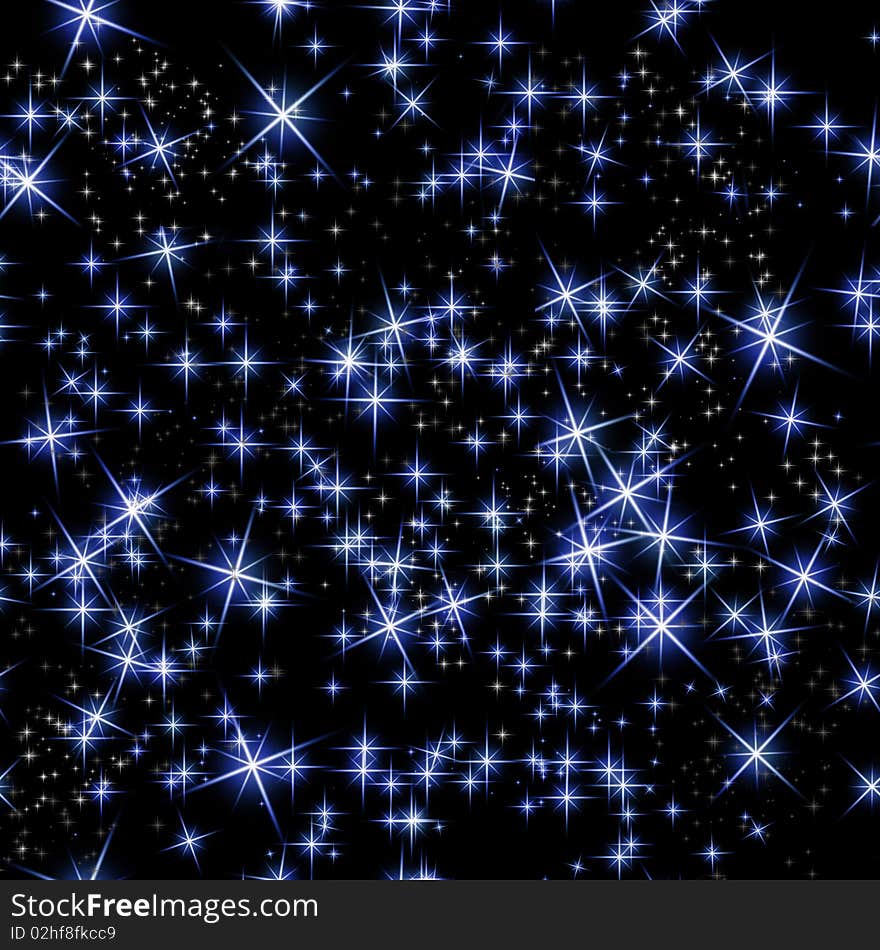 Abstract background of bright blue stars on black. Abstract background of bright blue stars on black