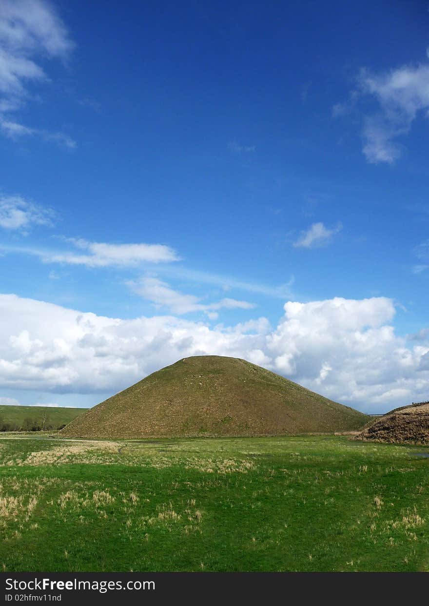 View of Silbury Hill an ancient artificial chalk mound.