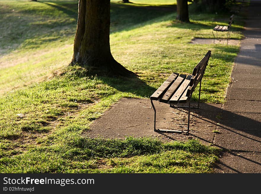 Unoccupied wooden bench in a peaceful park. Unoccupied wooden bench in a peaceful park