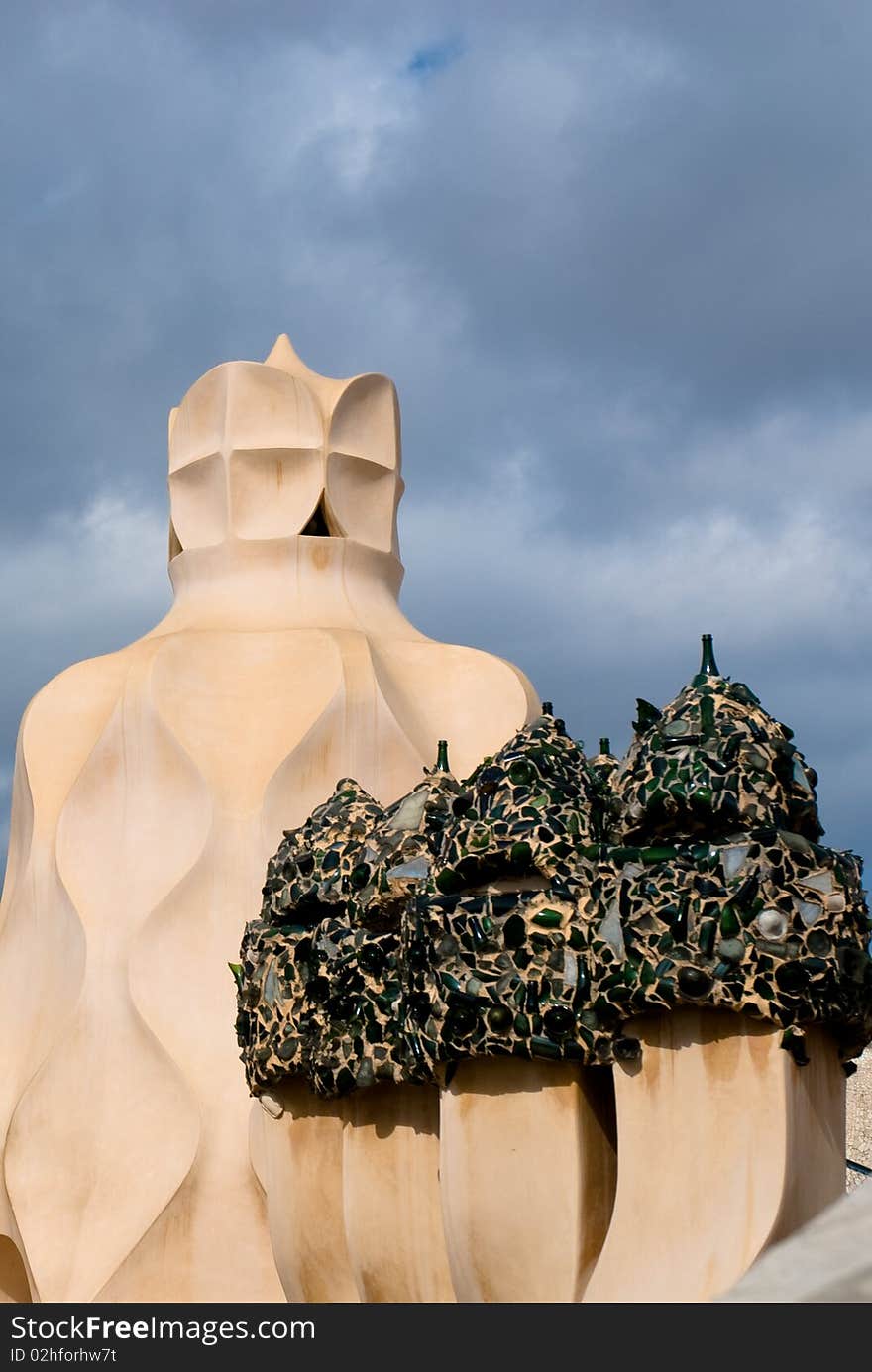 Details of funnels on top of Casa Mila desingned by Antoni Gaudi, Barcelona, Spain. Details of funnels on top of Casa Mila desingned by Antoni Gaudi, Barcelona, Spain.