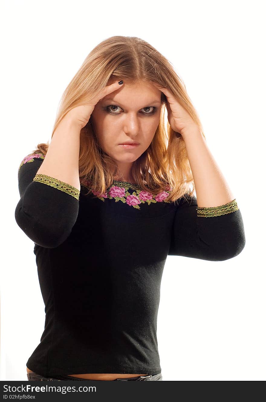 Girl in jacket ruffle her hair in front of camera. Girl in jacket ruffle her hair in front of camera