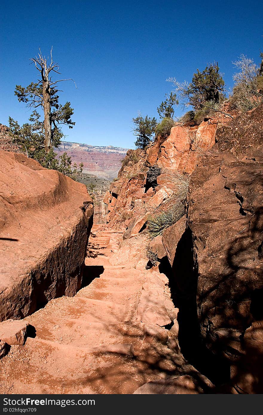 A view of the Bright Angel trail of the South Rim while backpacking in March 2010. A view of the Bright Angel trail of the South Rim while backpacking in March 2010