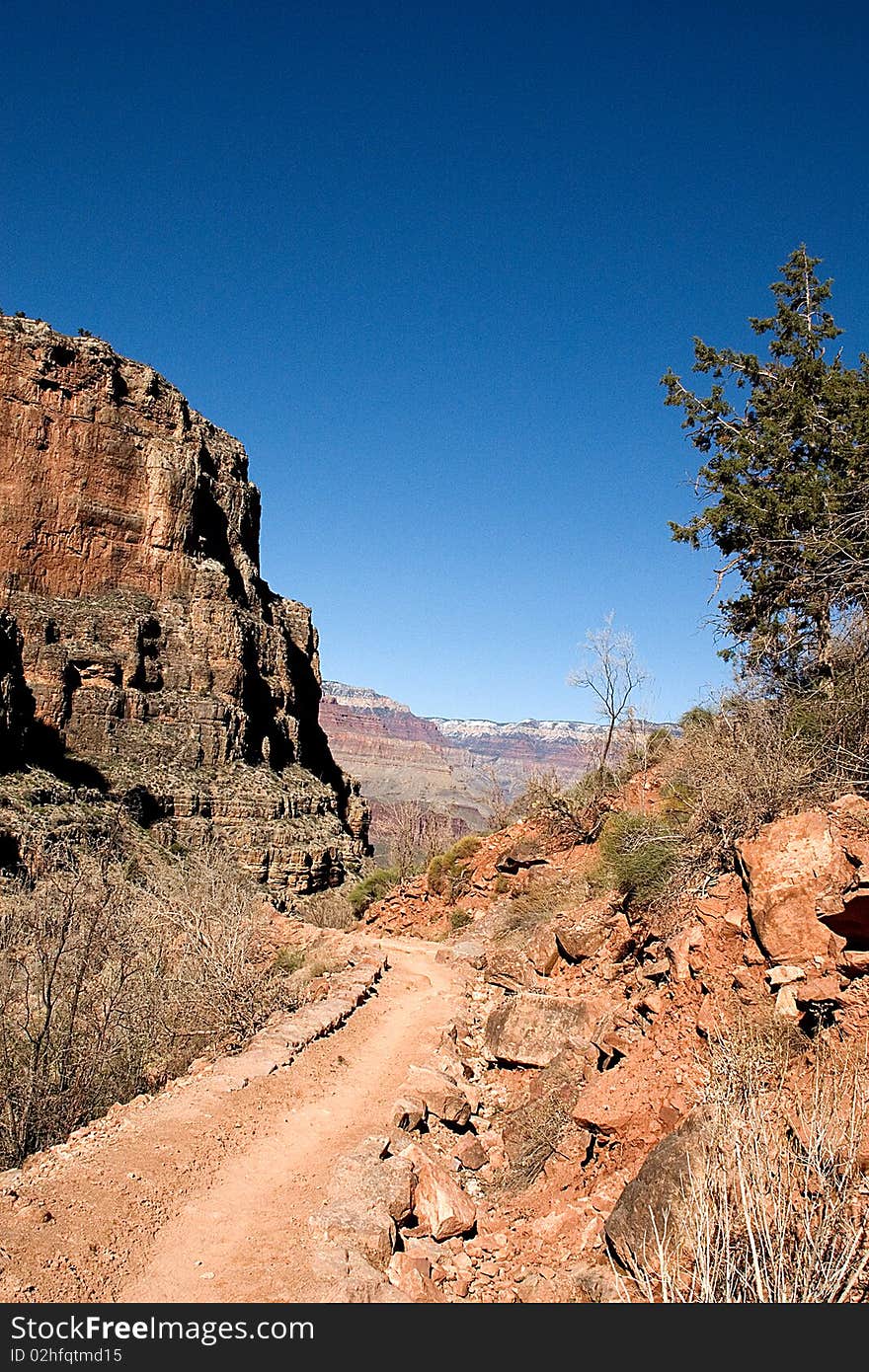 A view of the Bright Angel trail of the South Rim while backpacking in March 2010. A view of the Bright Angel trail of the South Rim while backpacking in March 2010