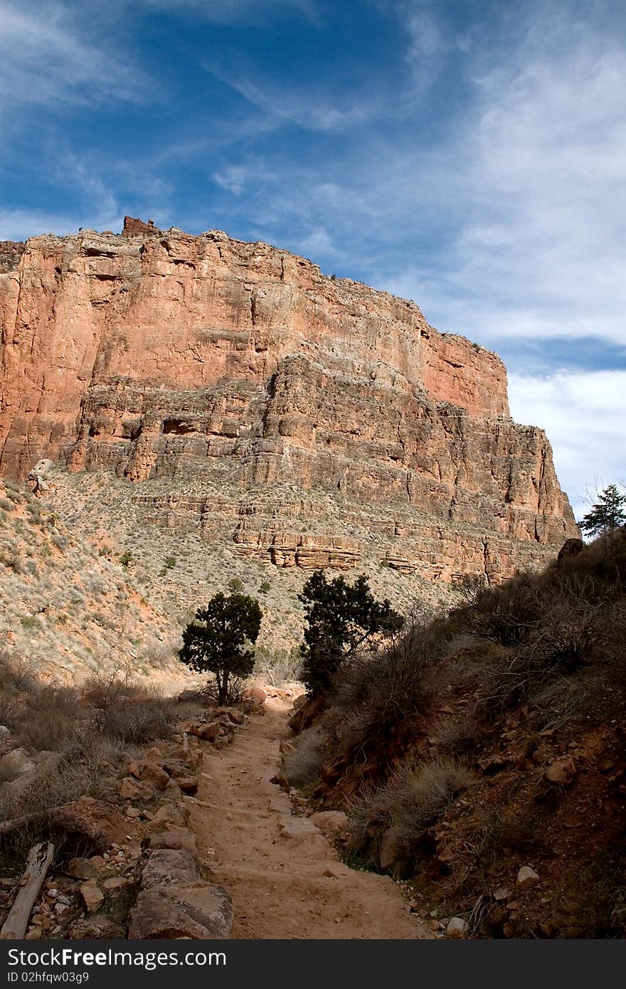 A view of the Bright Angel trail of the South Rim while backpacking in March 2010. A view of the Bright Angel trail of the South Rim while backpacking in March 2010