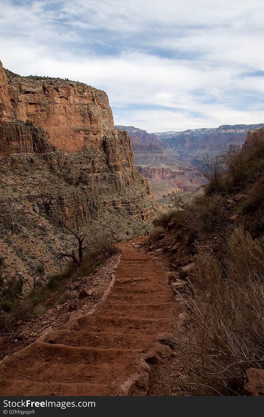 A view of the Bright Angel trail of the South Rim while backpacking in March 2010. A view of the Bright Angel trail of the South Rim while backpacking in March 2010