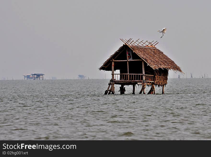 Hut in the sea, it is a small hut for fisherman in thailand