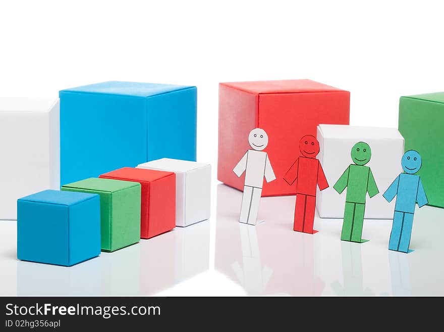 Toy paper men near colorful box on white isolated background. Toy paper men near colorful box on white isolated background