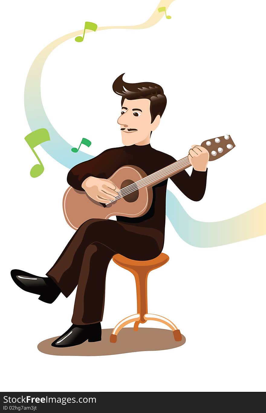 An image of a man sitting on a stool and playing the guitar. An image of a man sitting on a stool and playing the guitar