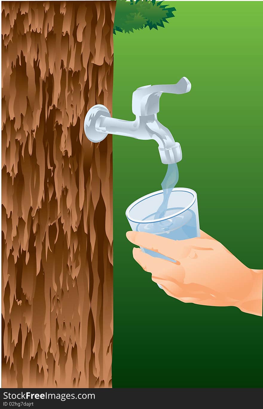 An image of a hand holding a glass under a running faucet that is attached to the trunk of the tree. An image of a hand holding a glass under a running faucet that is attached to the trunk of the tree