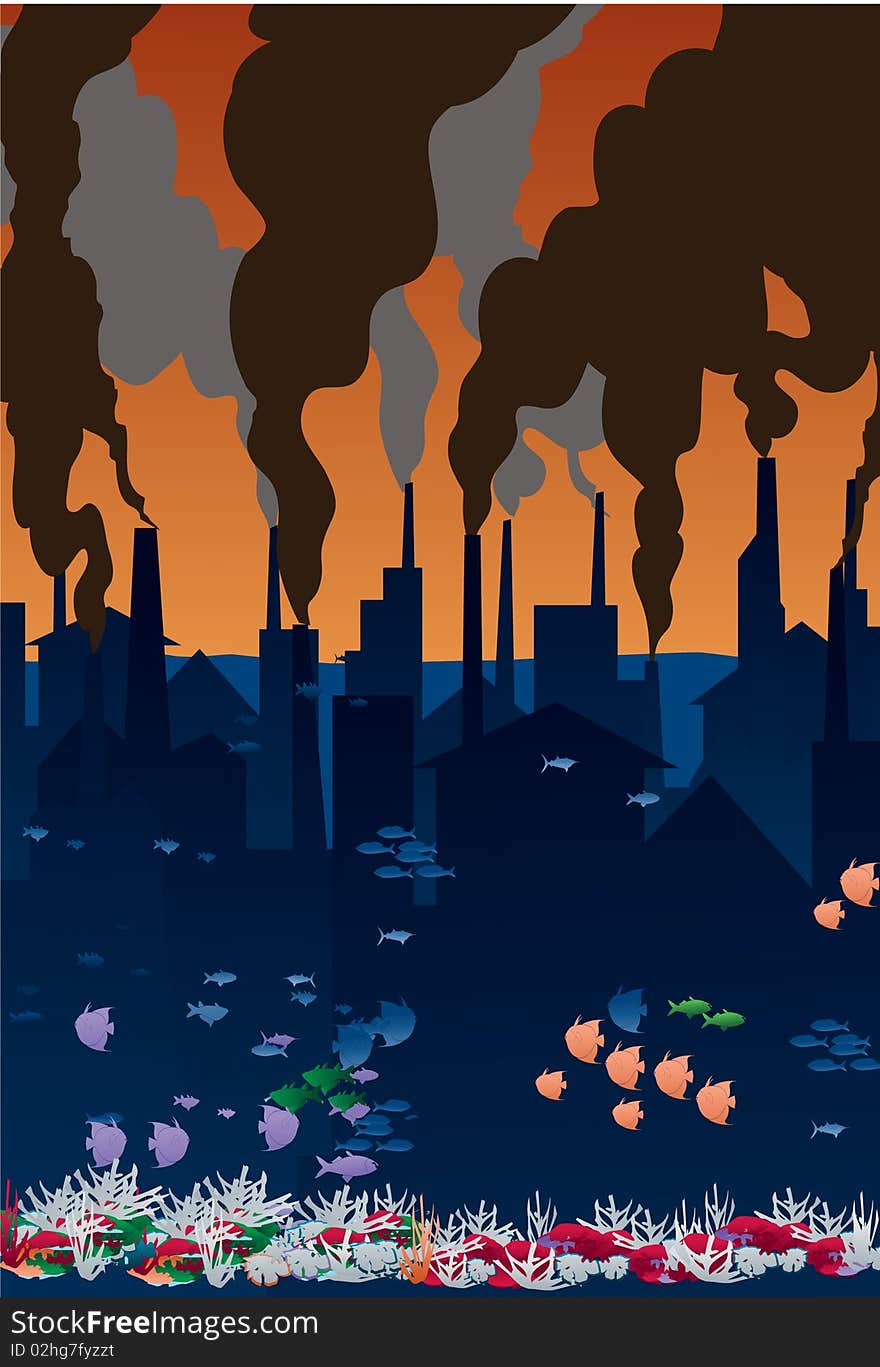 An image showing flowers in the foreground with factories letting out fumes and smokes in the background. An image showing flowers in the foreground with factories letting out fumes and smokes in the background