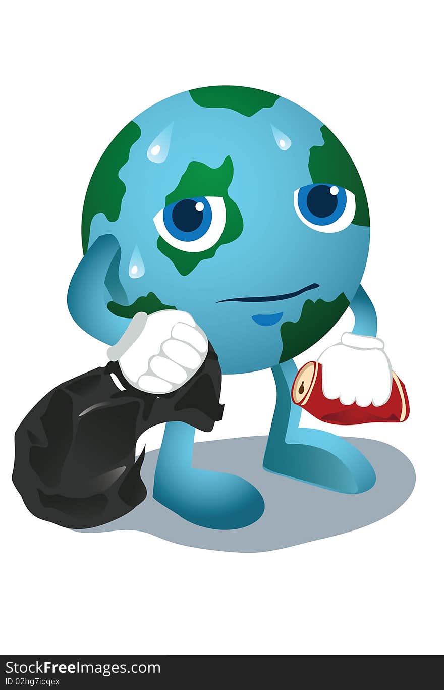 An image of the earth standing and holding black plastic bag in one hand and a discarded beverage can in the other. An image of the earth standing and holding black plastic bag in one hand and a discarded beverage can in the other