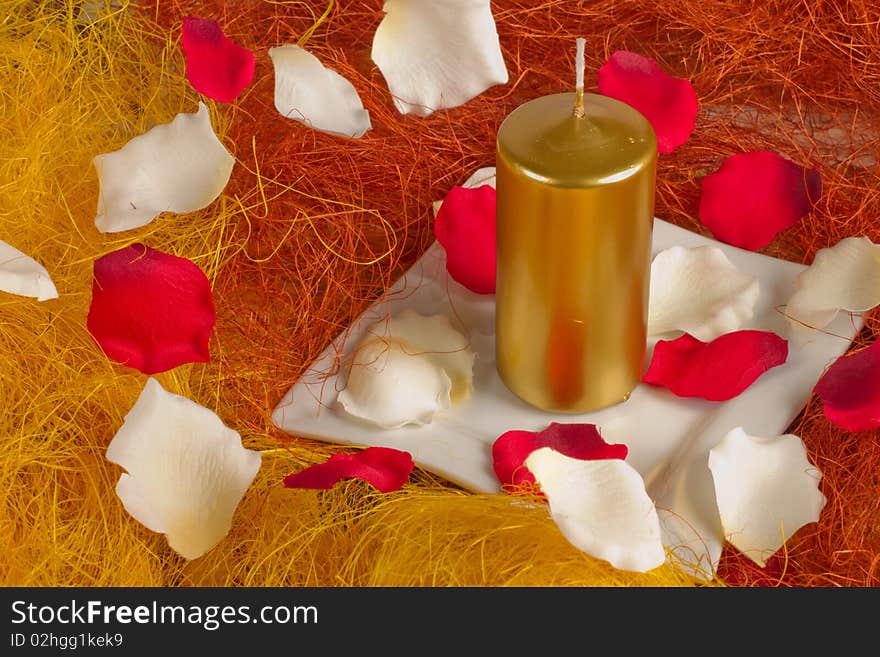 Romantic still-life with candle and petals. Romantic still-life with candle and petals