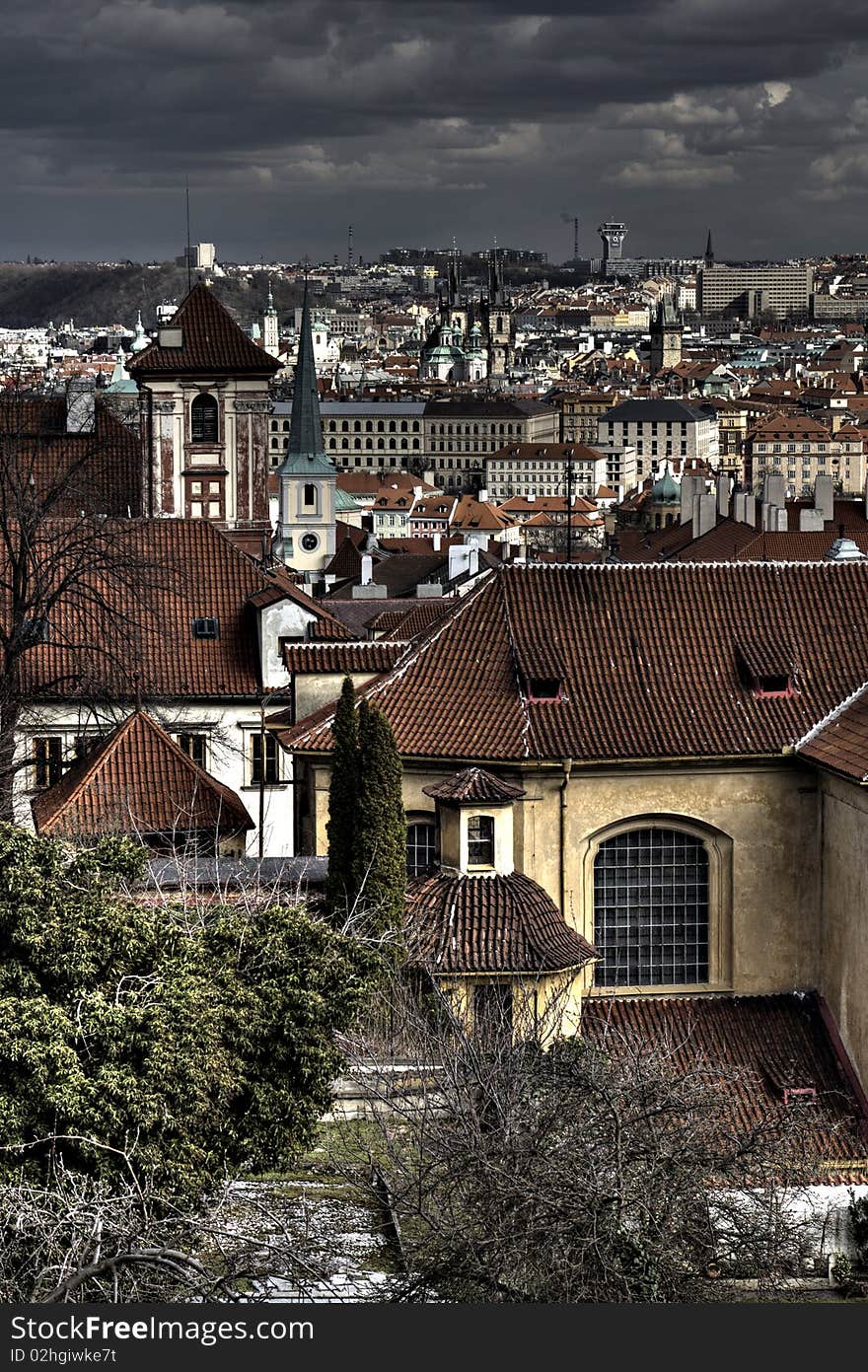 Several historical buildings and dark sky. Several historical buildings and dark sky