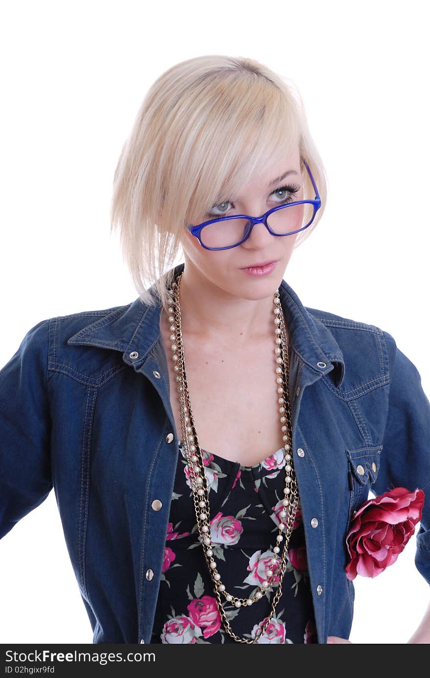 Pretty  blond girl with glasses isolated