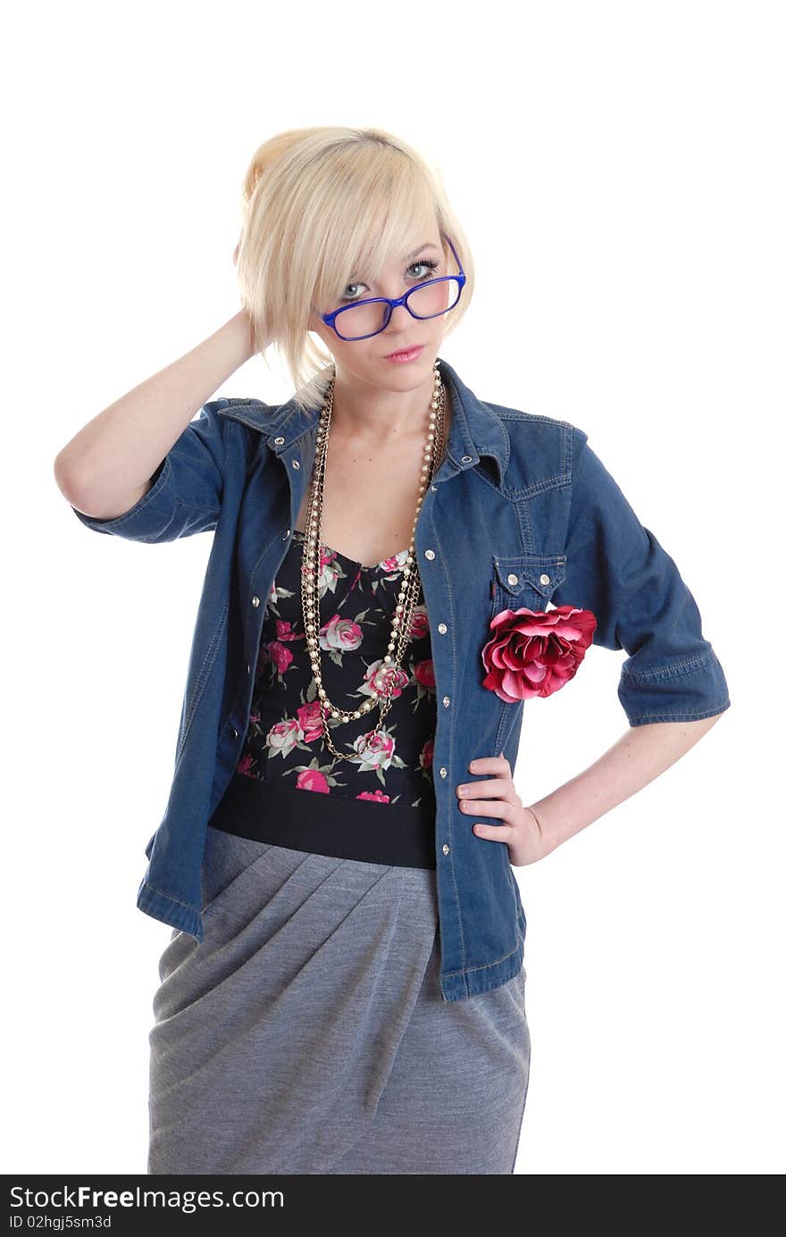 Pretty  blond girl with glasses isolated